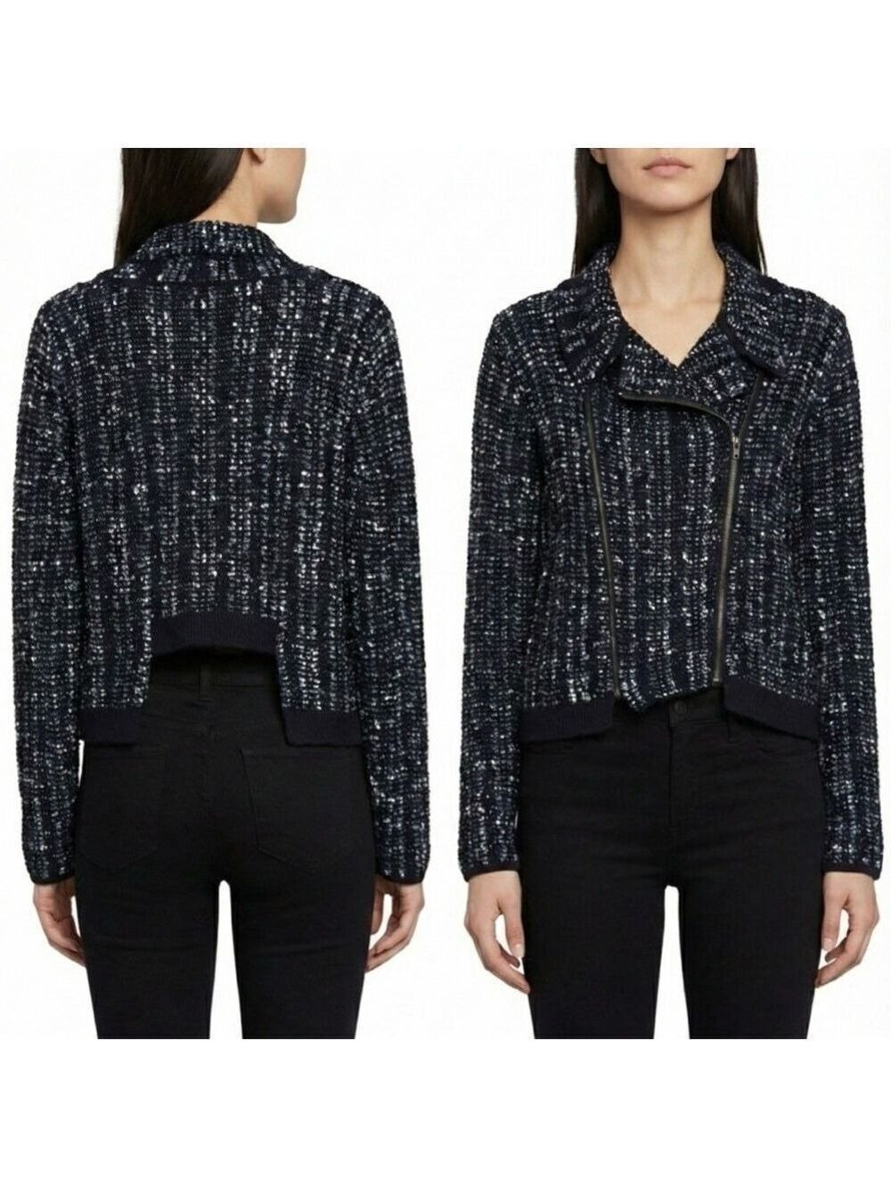 BCBGMAXAZRIA 100% Cotton Reeve Moto Cardigan Boucle Tweed Cropped Jacket Sz S